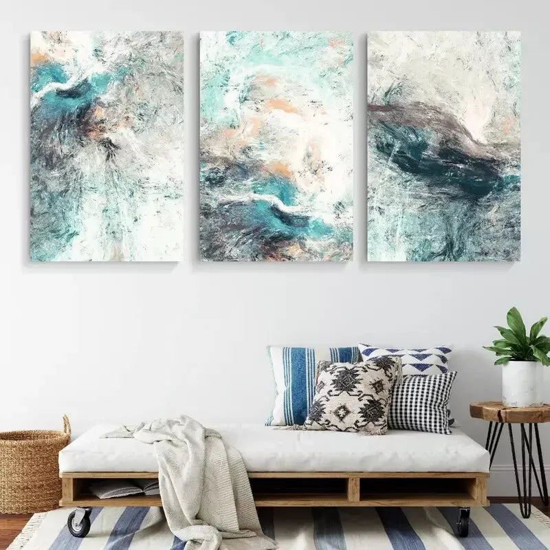 3pcs Abstract Painting Of Vibrant Cyan Colors Framed 40x60cm - High Quality Print 100% Australian Made Wall Canvas Ready to Hang - Bella Home Decor
