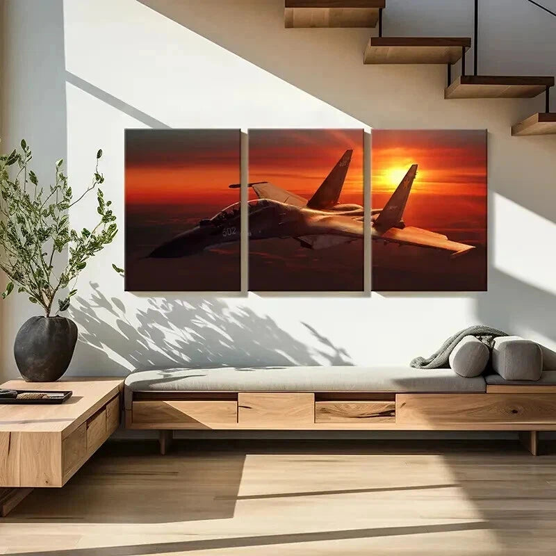 3pcs Fighter Jets & Bombers at Sunset Wall Art Set Canvas Framed 60x90cm - High Quality Print 100% Australian Made Wall Canvas Ready to Hang - Bella Home Decor