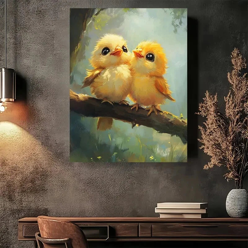 Beautiful Charming Yellow Chickens on Branch Painting 40x60cm Metal Print Ready to Hang - Bella Home Decor