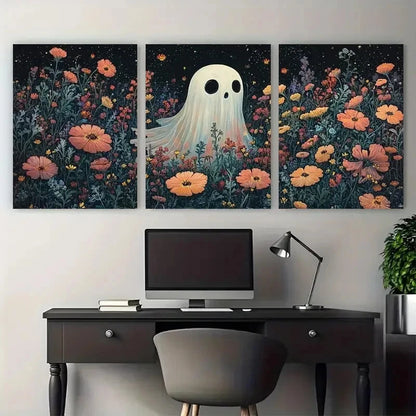 3pcs Horror Spooky Cute Ghost with Florals Wall Art Set Canvas Framed 40x60cm - High Quality Print 100% Australian Made Wall Canvas Ready to Hang - Bella Home Decor