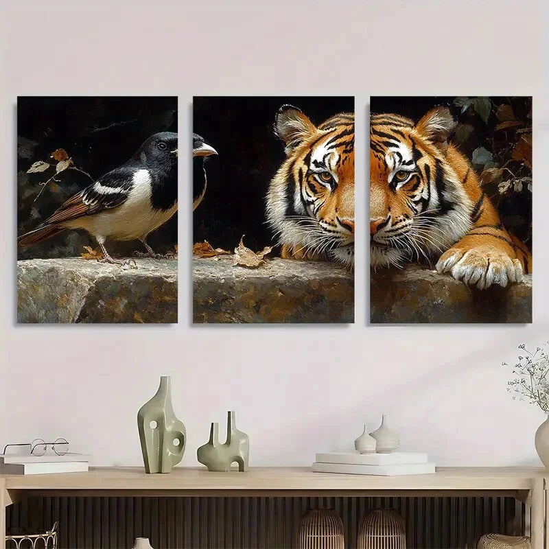 3pcs Tiger and Magpie Vibrant Animal Metal Print Ready to Hang Art - Bella Home Decor