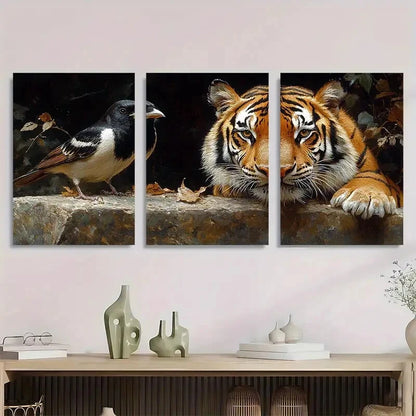 3pcs Tiger and Magpie Vibrant Animal Metal Print Ready to Hang Art - Bella Home Decor