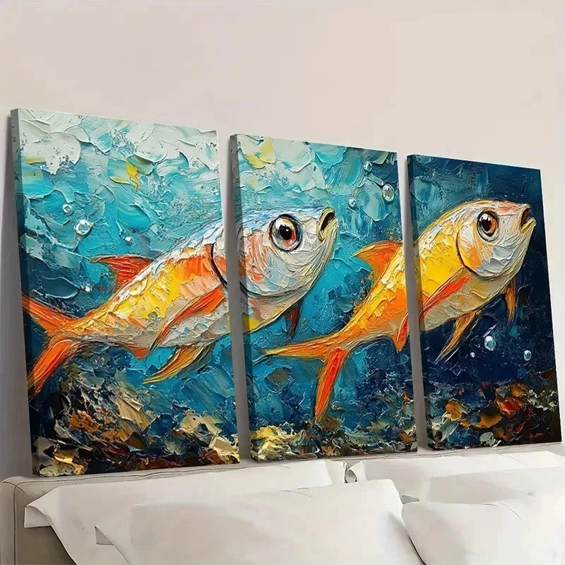 3pcs Sardines Painting Fish Underwater G   Wall Art Set Canvas Framed 40x60cm - High Quality Print 100% Australian Made Wall Canvas Ready to Hang