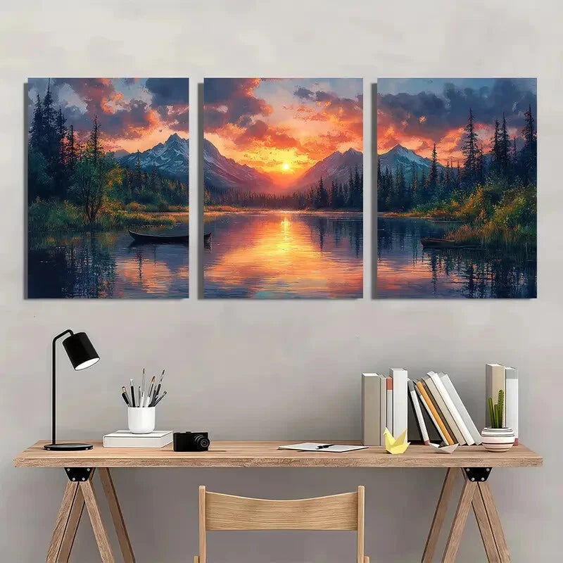 3pcs Sunrise Landscape Tranquil Meadow Reflection Metal Print Ready to Hang Art