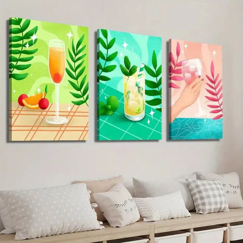 3pcs Vibrant Drink & Plant Leaf Designs Wall Art Set Canvas Unframed - High Quality Print 100% Australian Made Wall Canvas