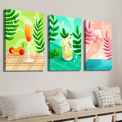 3pcs Vibrant Drink & Plant Leaf Designs Wall Art Set Canvas Unframed - High Quality Print 100% Australian Made Wall Canvas
