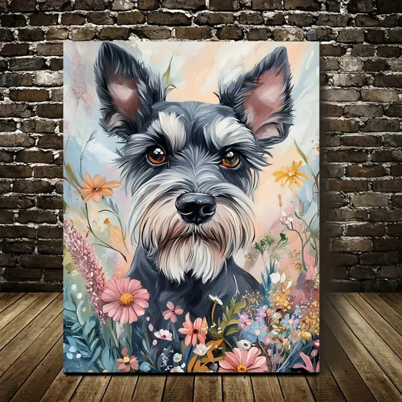Schnauzer Dog with Vibrant Floral Background 40x60cm Metal Print Ready to Hang