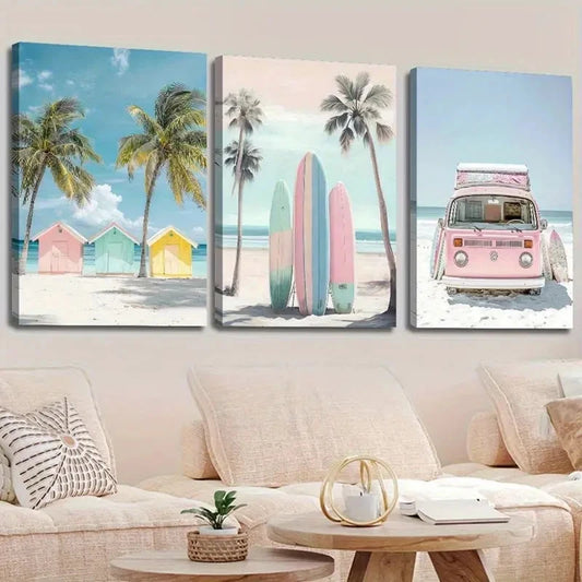 3pcs Pink Kombi Van And The Beach Wall Art Set Canvas Framed 40x60cm - High Quality Print 100% Australian Made Wall Canvas Ready to Hang