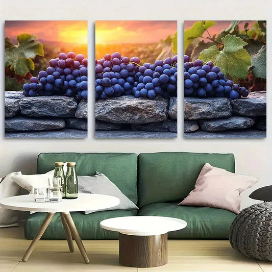 3pcs Mystical Vineyard with Colossal Grape Cluster Metal Print Ready to Hang Art