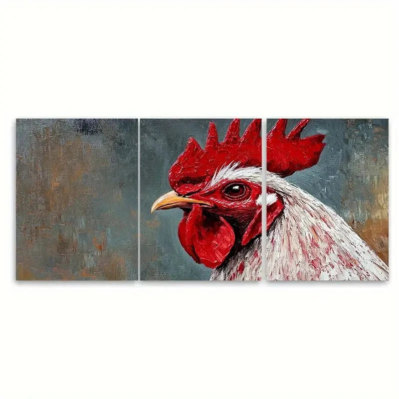 3pcs Rooster Painting Farm Animal Design Wall Art Set Canvas Framed 60x90cm - High Quality Print 100% Australian Made Wall Canvas Ready to Hang - Bella Home Decor