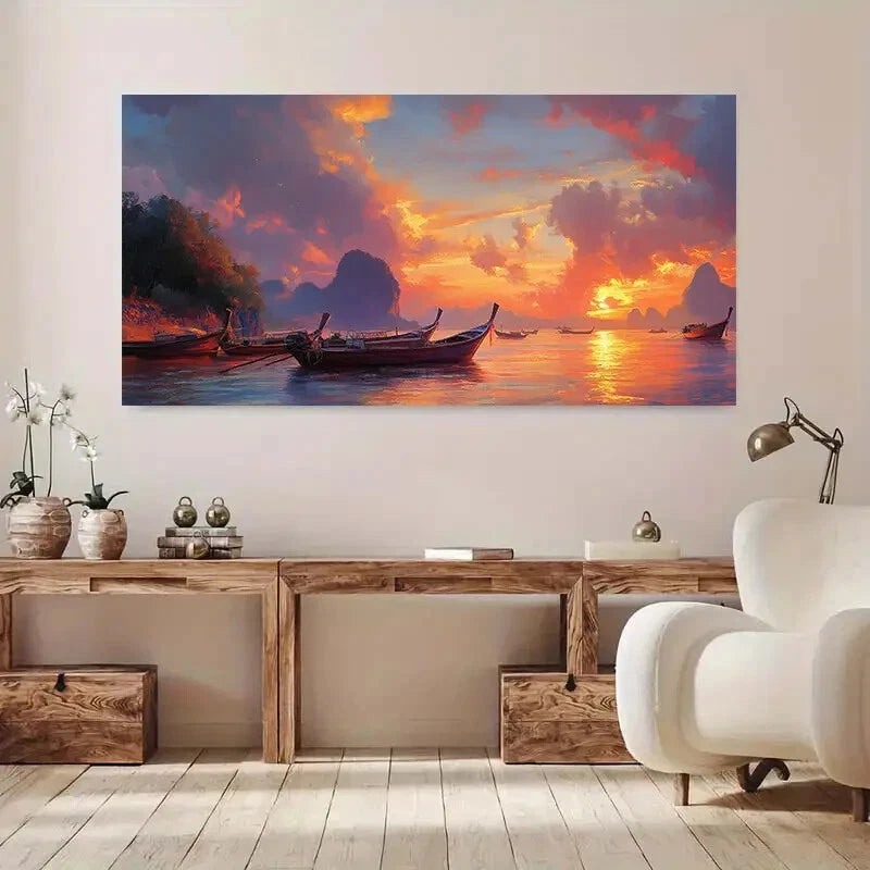 Sunset with Boats Mountain wall canvas office home room framed 120x60cm - Bella Home Decor