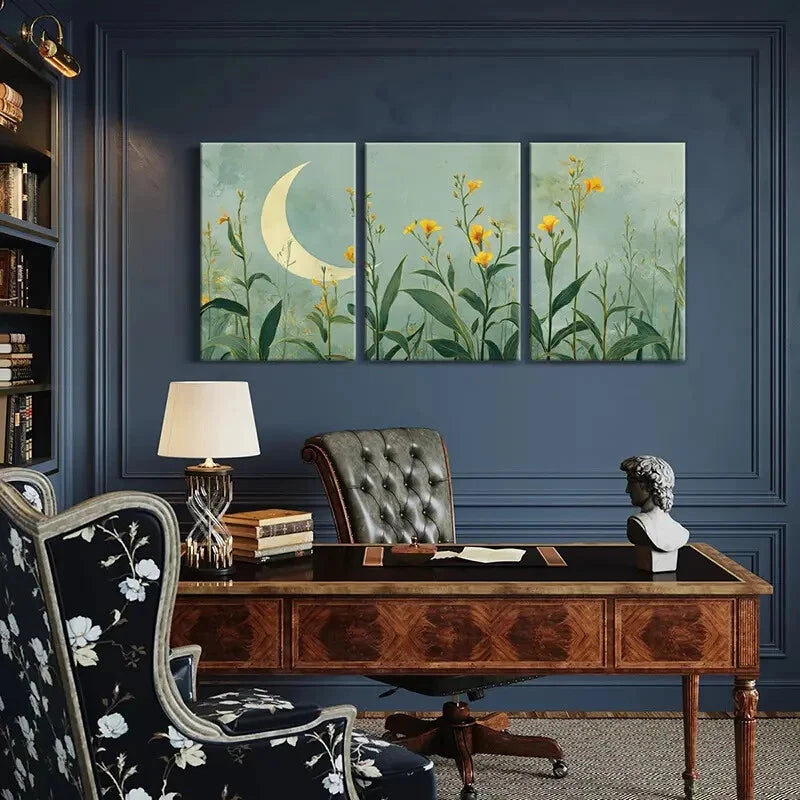 3pcs Moonlit Floral Garden Yellow Flowers Metal Print Ready to Hang Art - Bella Home Decor