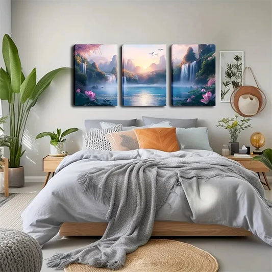 3pcs Serene Waterfall & Mountain Landscape Wall Art Set Canvas Framed 50x70cm - High Quality Print 100% Australian Made Wall Canvas Ready to Hang