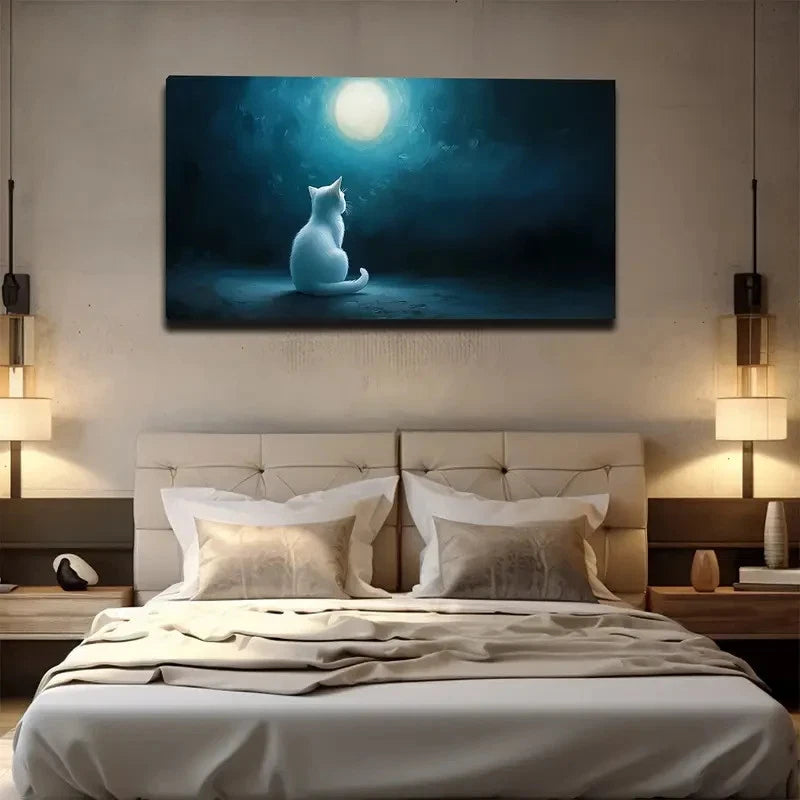 White Cat Gazing At Moon Wall Art canvas office home room framed 120x60cm