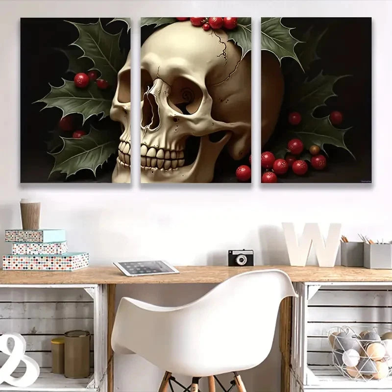 3pcs Skull Gothic Decor with & Berry Design Wall Art Set Canvas Framed 40x60cm - High Quality Print 100% Australian Made Wall Canvas Ready to Hang - Bella Home Decor
