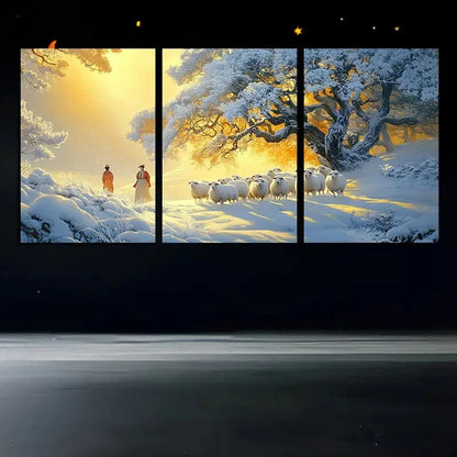 3pcs The Flock of Sheep in the Snow Scene Metal Print Ready to Hang Art - Bella Home Decor