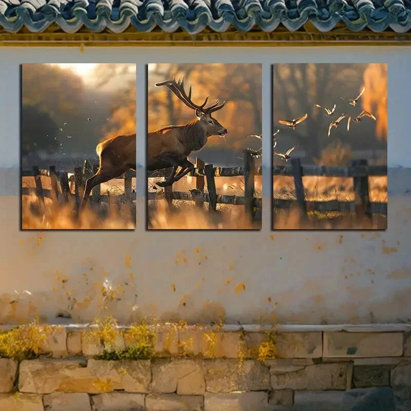 3pcs Deer Jumping off the Fence with Birds Scene Metal Print Ready to Hang Art - Bella Home Decor