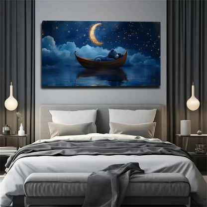Blue Bear On Boat Under Starry Wall Art Canvas Office Home Room Framed 120x60cm