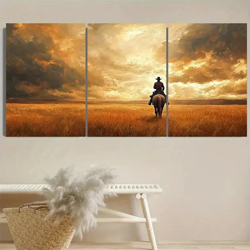 3pcs Rustic Cowboy, Prairie with Horseback Wall Art Set Canvas Unframed - High Quality Print 100% Australian Made Wall Canvas - Bella Home Decor