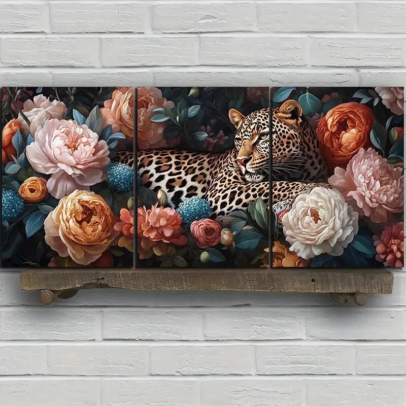 3pcs Leopards in The Flowers Roses Metal Print Ready to Hang Art - Bella Home Decor