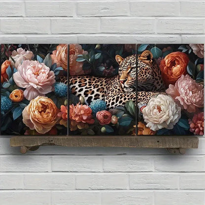 3pcs Leopards in The Flowers Roses Metal Print Ready to Hang Art - Bella Home Decor