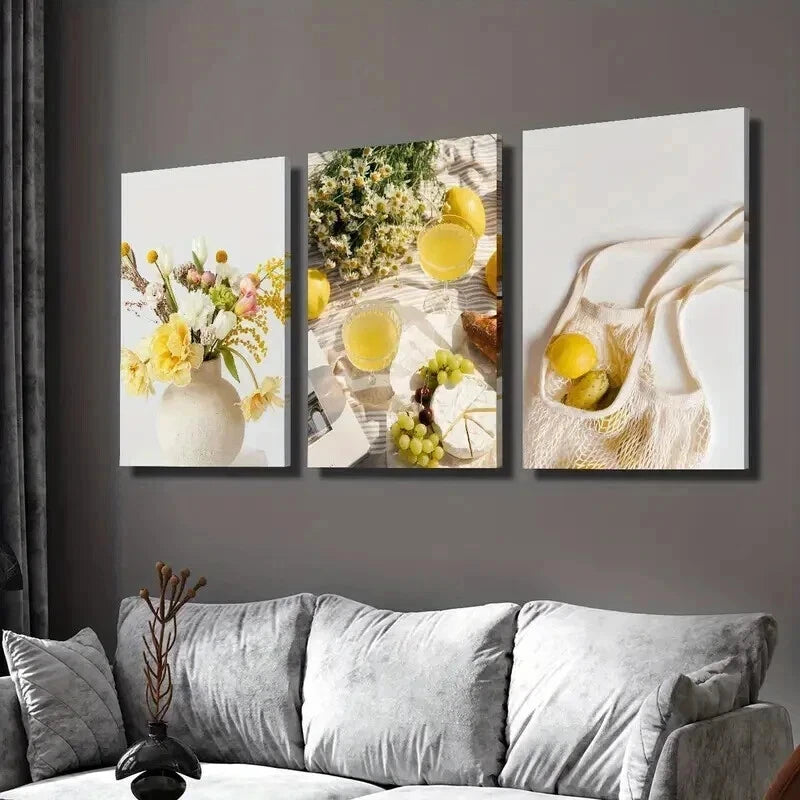 3pcs Lemon Grape Plants and Flowers Picnic Wall Art Set Canvas Framed 60x90cm - High Quality Print 100% Australian Made Wall Canvas Ready to Hang