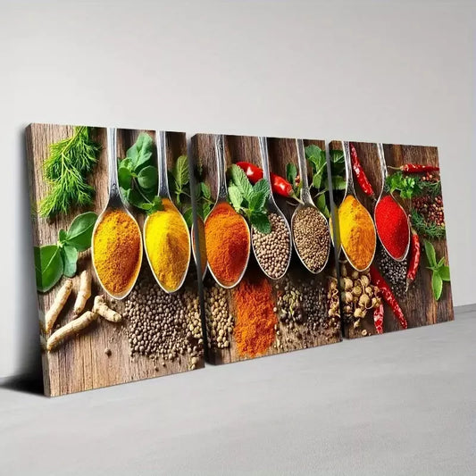3pcs Fashion Kitchen Colorful Spices Spoons Art Set Canvas Framed 50x70cm - High Quality Print 100% Australian Made Wall Canvas Ready to Hang