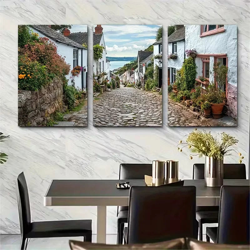 3pcs Narrow Cobblestone Streets Cottage Metal Print Ready to Hang Art
