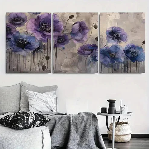3pcs Modern Abstract Purple Poppy Floral Wall Art Set Canvas Unframed - High Quality Print 100% Australian Made Wall Canvas