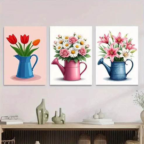 3pcs Colorful Floral Bouquets in Watering Cans Wall Art Set Canvas Unframed - High Quality Print 100% Australian Made Wall Canvas - Bella Home Decor