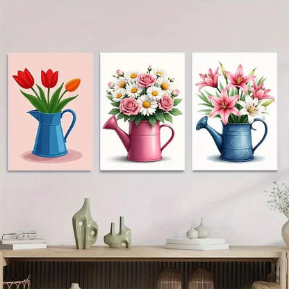 3pcs Colorful Floral Bouquets in Watering Cans Wall Art Set Canvas Unframed - High Quality Print 100% Australian Made Wall Canvas - Bella Home Decor