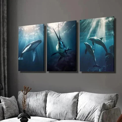 3pcs Diving Whale Swordfish & Dolphins Wall Art Set Canvas Unframed - High Quality Print 100% Australian Made Wall Canvas - Bella Home Decor