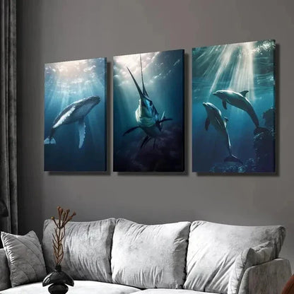 3pcs Diving Whale Swordfish & Dolphins Wall Art Set Canvas Unframed - High Quality Print 100% Australian Made Wall Canvas - Bella Home Decor