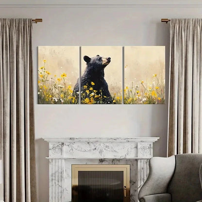 3pcs Artistic Bear Amidst Vibrant Flowers Metal Print Ready to Hang Art - Bella Home Decor