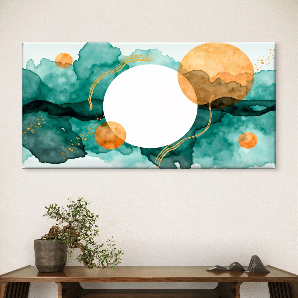 Teal Watercolour and Gold Geometric Wall Art Canvas Office Home Framed 120x60cm