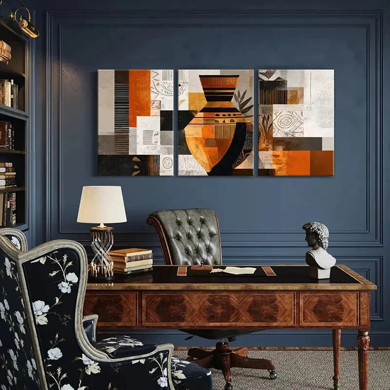 3pcs Abstract Geometric Art Warm Tones Metal Print Ready to Hang Art - Bella Home Decor