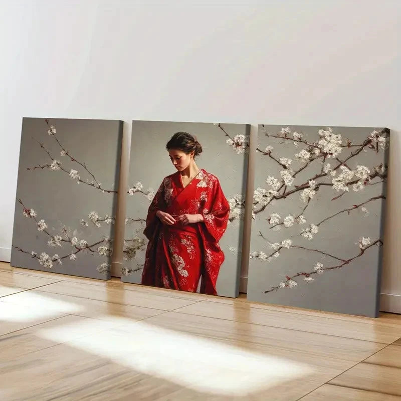 3pcs Woman In Red Kimono, Cherry Blossoms  Wall Art Set Canvas Framed 50x70cm - High Quality Print 100% Australian Made Wall Canvas Ready to Hang