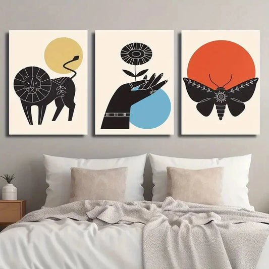 3pcs Geometric Lion Butterfly & Floral Perfect Wall Art Set Canvas Framed 40x60cm - High Quality Print 100% Australian Made Wall Canvas Ready to Hang