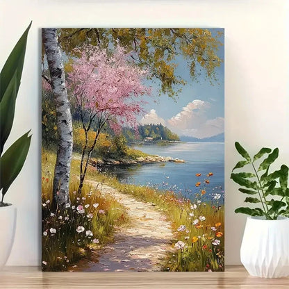 Beautiful Abstract Lakeside Wildflower Painting 40x60cm Metal Print Ready to Hang