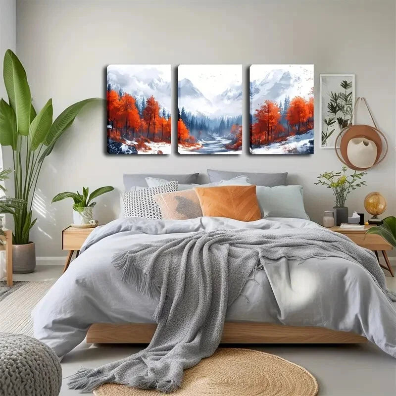 3pcs Red Trees & Misty Valley Snow Perfect Wall Art Set Canvas Framed 40x60cm - High Quality Print 100% Australian Made Wall Canvas Ready to Hang - Bella Home Decor