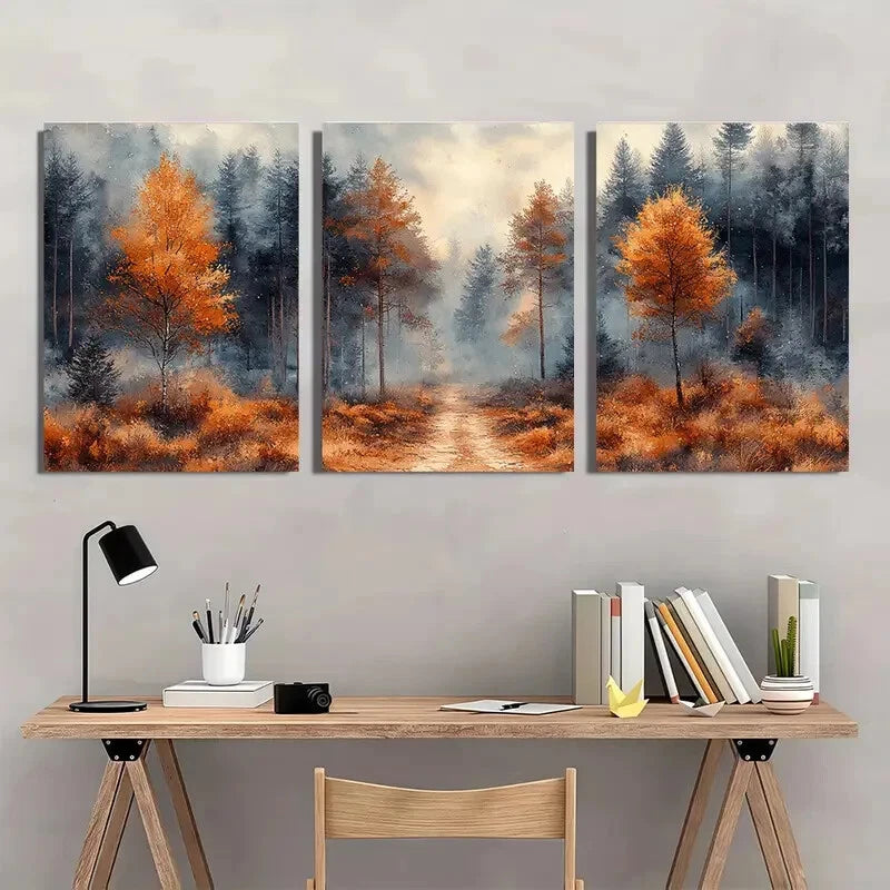 3pcs Woodland Watercolor with Elegant Brown Trees Metal Print Ready to Hang Art - Bella Home Decor