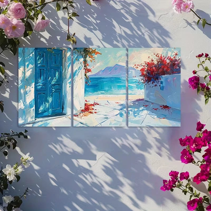 3pcs Charming Greek Beach Scene Wall Art Set Canvas Framed 60x90cm - High Quality Print 100% Australian Made Wall Canvas Ready to Hang - Bella Home Decor