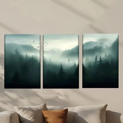 3pcs Misty Forest with Birds Flying Over Wall Art Canvas Unframed - High Quality Print 100% Australian Made Wall Canvas