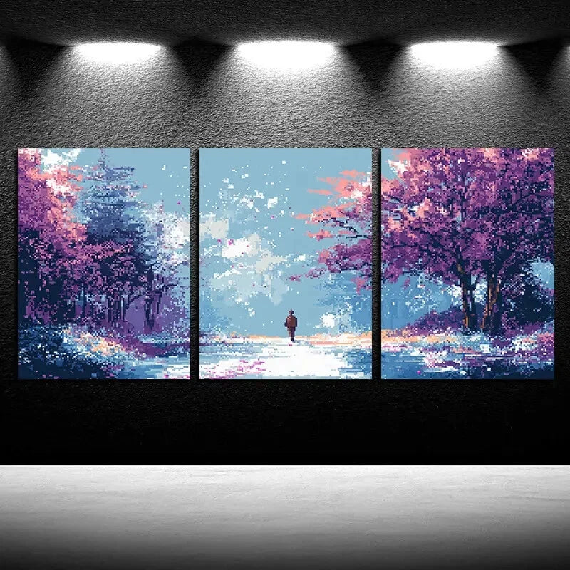 3pcs Vibrant Person in the Forest Pixel Scene Metal Print Ready to Hang Art - Bella Home Decor