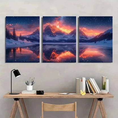 3pcs Starry Sky Above The Snow covered Mountains Wall Art Set Canvas Framed 40x60cm - High Quality Print 100% Australian Made Wall Canvas Ready to Hang - Bella Home Decor