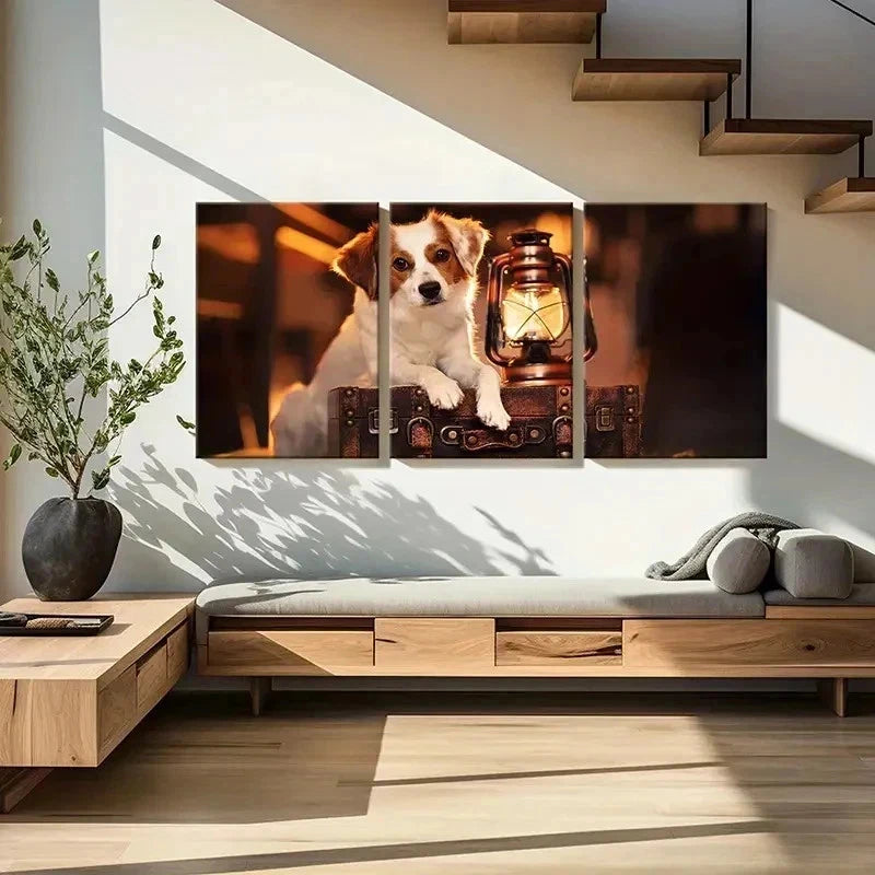 3pcs Puppy Lying On Suitcase & Kerosene Lamp Wall Art Set Canvas Framed 60x90cm - High Quality Print 100% Australian Made Wall Canvas Ready to Hang - Bella Home Decor