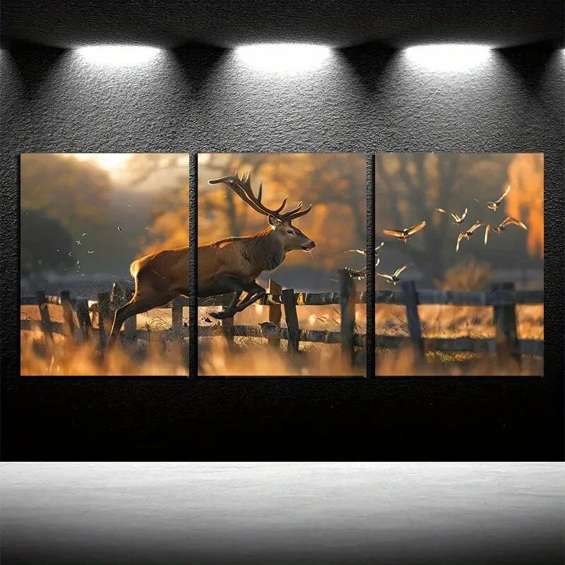3pcs Deer Jumping off the Fence with Birds Scene Metal Print Ready to Hang Art - Bella Home Decor