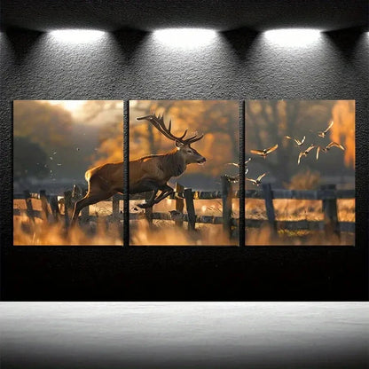 3pcs Deer Jumping off the Fence with Birds Scene Metal Print Ready to Hang Art - Bella Home Decor