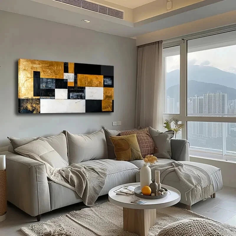 Black & White Blocks Golden Wall Art Canvas Office Home Room Framed 120x60cm - Bella Home Decor