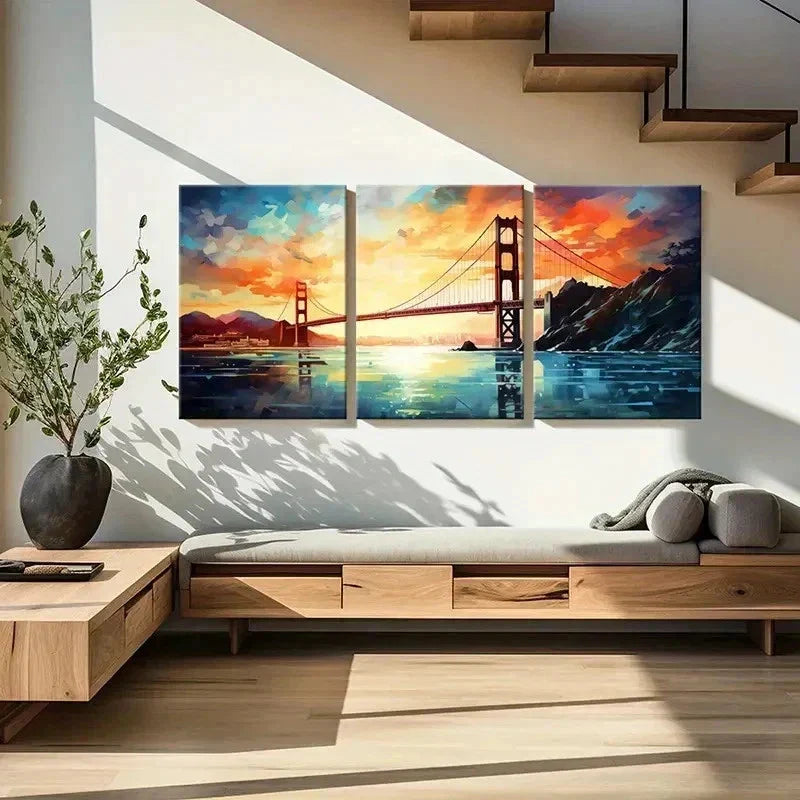 3pcs Golden Gate Bridge, Vibrant Sunset Wall Art Canvas Unframed - High Quality Print 100% Australian Made Wall Canvas - Bella Home Decor